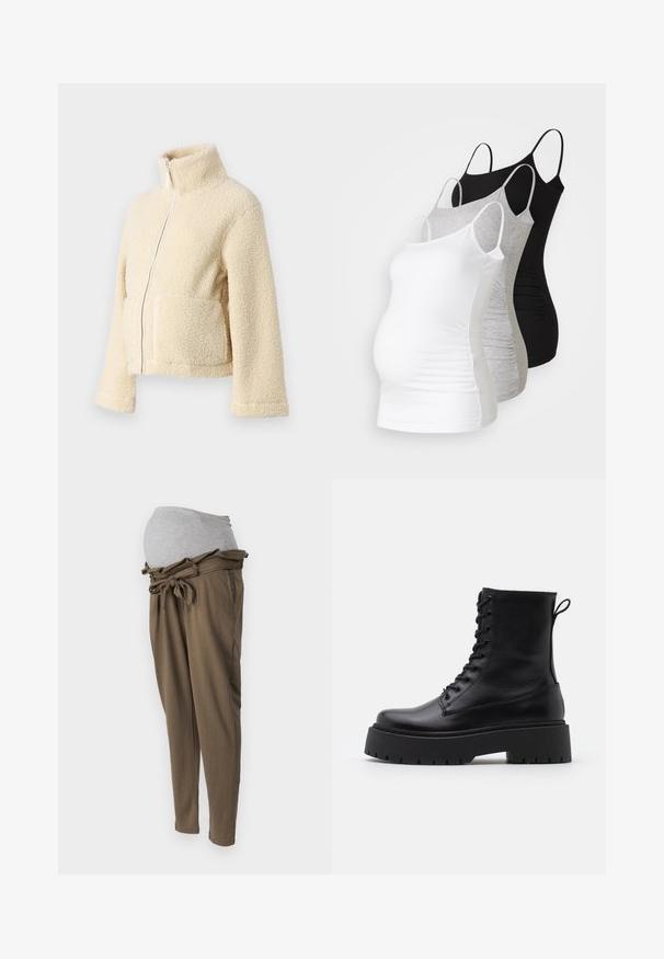 Krém színű plüss dzseki magas gallérral, elülső cipzárral és két folt zsebbel. Puha, textúrált felülettel és széles ujjakkal rendelkezik.; Három kismama tank top fehér, szürke és fekete színben. Rugalmas anyag, állítható pántokkal és beszegett oldals seams, hogy kényelmes viseletet biztosítson.; Olíva zöld kismama nadrág szürke rugalmas derékkal. Derékon megkötő zsinór található, és laza szabású a kényelem érdekében. Sima textúra.; Fekete bőr bokacsizma, kerek orral, fűzős elülső résszel és vastag, texturált gumitalppal. Húzófül hátul.