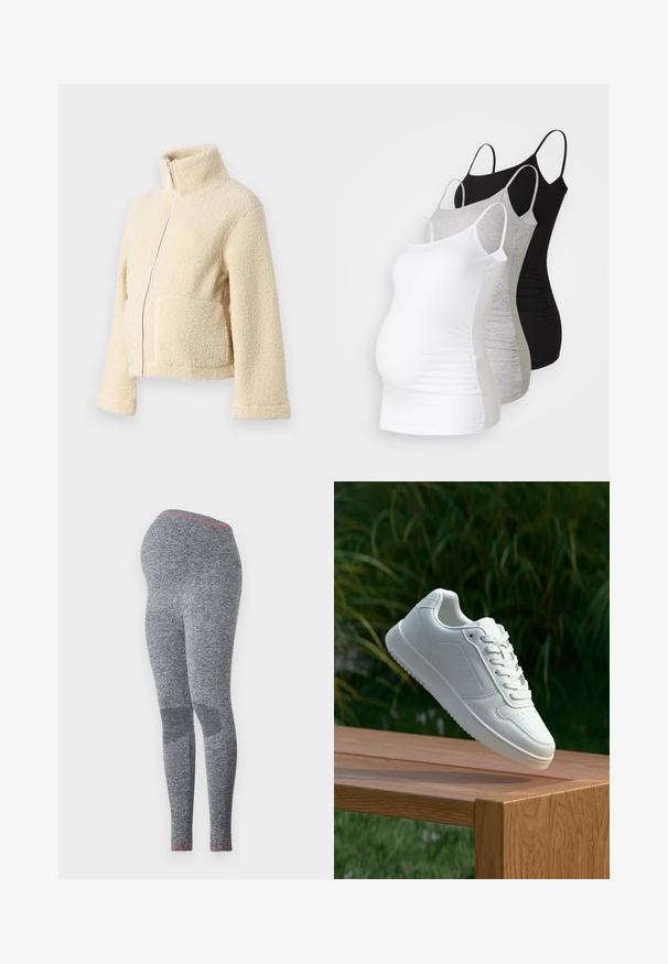 Krém színű plüss dzseki magas gallérral, elülső cipzárral és két folt zsebbel. Puha, textúrált felülettel és széles ujjakkal rendelkezik.; Három kismama tank top fehér, szürke és fekete színben. Rugalmas anyag, állítható pántokkal és beszegett oldals seams, hogy kényelmes viseletet biztosítson.; Sötét szürke kismama leggings, texturált felülettel és rózsaszín díszítéssel a derékrészen, testhez simuló fazonban tervezve.; Fehér sportcipő sima szintetikus felsőrésszel, perforált lábujjrész, lapos fűzőkkel és texturált talppal, fából készült felületen kihelyezve.