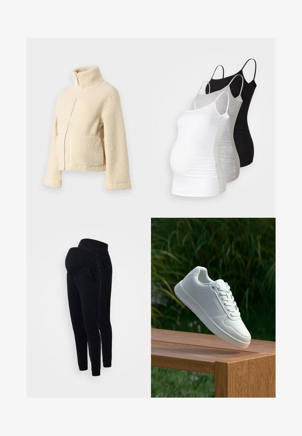 Krēms krāsas vilnas jaka ar augstu apkakli, priekšējo rāvējslēdzēju un divām kabatām. Tai ir mīksta, tekstūra virsma un plašas piedurknes.; Trīs grūtniecības tērpi bez piedurknēm baltā, pelēkā un melnā krāsā. Elastīgs audums ar regulējamiem tievajiem plecu siksniņām un savilktām sānu šuvēm komfortam.; Melnas grūtniecības sporta bikses ar salocītu jostu, sānu kabatām un sašaurināta kāju dizainu. Izgatavotas no mīksta, elastīga auduma ērtībai.; Baltie sporta apavi ar gludu sintētisku augšpusi, perforētu pirkstu daļu, plakani šņorēm un rakstainu zoli, novietoti uz koka virsmas.