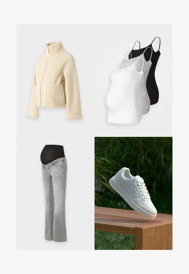 Krémová flísová bunda s vysokým golierom, predným zipsom a dvoma náprsními vreckami. Má mäkký, štruktúrovaný povrch a široké rukávy.; Tričko s dlhým rukávom pre tehotné ženy v bielej, šedej a čiernej farbe. Elastický materiál s nastaviteľnými ramienkami a zberanými bočnými švami pre pohodlie.; Tehotenské džínsy v sivej riflovine s elastickým čiernym panelom prekračujúcim brucho, so strihom rovného nohavice a jemnou vyblednutou textúrou.; Biele tenisky s hladkým syntetickým zvrškom, perforovanou špičkou, plochými šnúrkami a textúrovanou podrážkou, vystavené na drevenej ploche.