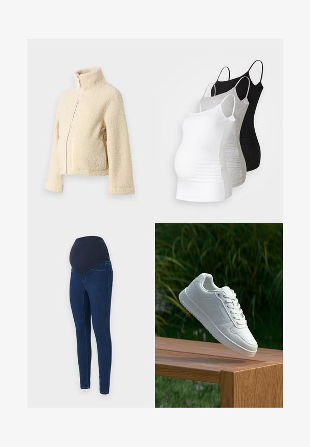 Krema flis jakna z visokim ovratnikom, sprednjim zadrgo in dvema večjima žepoma. Ima mehak, teksturiran površin in široke rokave.; Tri materinski topi brez rokavov v beli, sivi in črni barvi. Raztegljiv material z nastavljivimi naramnicami in nabranimi stranskimi šivi za udobje.; Nastopni jeansi za nosečnice v temno modrem denimu, z raztegljivim temnim pasom in ožjim krojem ter žepi.; Bela teniska s gladkim sintetičnim zgornjim delom, perforiranim prednjim delom, ravnimi vezalkami in teksturiranim podplatom, prikazana na leseni površini.