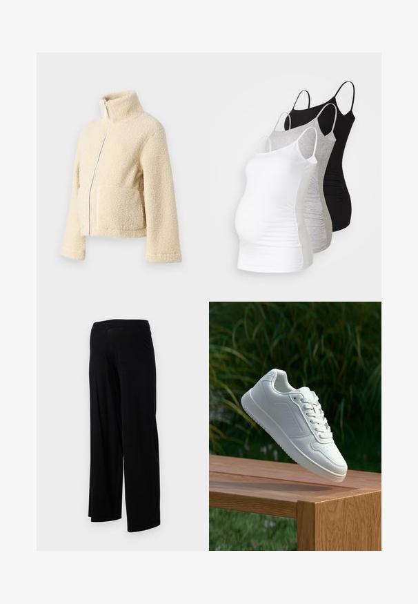 Chaqueta de forro polar crema con cuello alto, cremallera frontal y dos bolsillos de parche. Presenta una superficie suave y texturizada y mangas anchas.; Tres camisetas de maternidad sin mangas en blanco, gris y negro. Fabricadas con tejido elástico, tienen tirantes ajustables y costuras laterales fruncidas para mayor comodidad.; Pantalones negros de pierna ancha con una cinturilla elástica y una textura suave y flexible. Presentan un diseño simple, sin patrones ni adornos.; Zapatilla blanca con un upper sintético suave, caja de dedos perforada, cordones planos y una suela texturizada, exhibida sobre una superficie de madera.