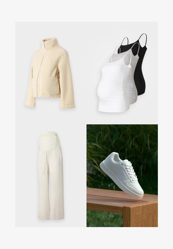 Veste en polaire crème avec un col haut, fermeture éclair frontale et deux poches à rabat. Présente une surface douce et texturée ainsi que des manches larges.; Trois débardeurs de maternité en blanc, gris et noir. Tissu extensible avec des bretelles spaghetti réglables et des coutures latérales froncées pour plus de confort.; Pantalons de maternité beige clair avec une coupe décontractée, une taille élastique et un panneau de soutien au ventre doux et extensible. Fabriqués dans un matériau léger et respirant.; Sneakers blanches avec une tige synthétique lisse, un avant perforé, des lacets plats et une semelle texturée, présentées sur une surface en bois.