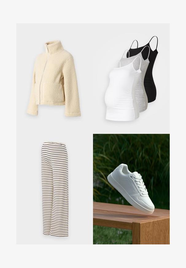 Kremo spalvos pūkinė striukė su aukštu apykakle, priekyje užtrauktuku ir dviem kišenėmis. Yra minkštas, tekstūruotas paviršius ir plačios rankovės.; Trys nėštumo marškiniai be rankovių – balti, pilki ir juodi. Tampri medžiaga su reguliuojamomis petnešėlėmis ir susiraukšlėjusiomis šoninėmis siūlėmis, užtikrinančiomis komfortą.; Kreminė spalva plačios juostos kelnės su tamsiai mėlynomis horizontaliomis juostelėmis, pagamintos iš minkštos medžiagos ir turinčios elastinį liemenį patogumui.; Balti sneakeriai su lygia sintetine viršutine dalimi, perforuota pirštų zona, plokščiomis raištelėmis ir tekstūruotu padu, padėti ant medinės paviršiaus.