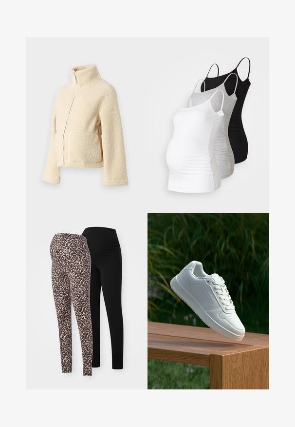 Crème fleece jacket met een hoge kraag, een rits aan de voorkant en twee grote zakken. Heeft een zachte, gestructureerde oppervlakte en brede mouwen.; Drie zwangerschaps tanktops in het wit, grijs en zwart. Rekbare stof met verstelbare spaghettibandjes en geplooide naden aan de zijkanten voor extra comfort.; Twee paar leggings: de ene heeft een leopardsysteem in beige en zwart, terwijl de andere volledig zwart is, beide met een aansluitende pasvorm en elastische taillebanden.; Witte sneaker met een gladde synthetische bovenkant, geperforeerde neus, platte veters en een gestructureerde zool, tentoongesteld op een houten oppervlak.
