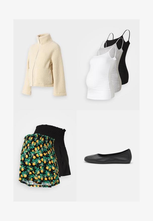 Krema flis jakna z visokim ovratnikom, sprednjim zadrgo in dvema večjima žepoma. Ima mehak, teksturiran površin in široke rokave.; Tri materinski topi brez rokavov v beli, sivi in črni barvi. Raztegljiv material z nastavljivimi naramnicami in nabranimi stranskimi šivi za udobje.; Dva para šortsev: en set ima črn smock pas in črn videz, drugi pa se ponaša z živahnim rumeno-oranžnim citrusesnim motivom na črni podlagi.; Črne usnjene balerinke z zaobljenim nosom, gladko teksturo, minimalnimi šivi in fleksibilno zasnovo podplata.