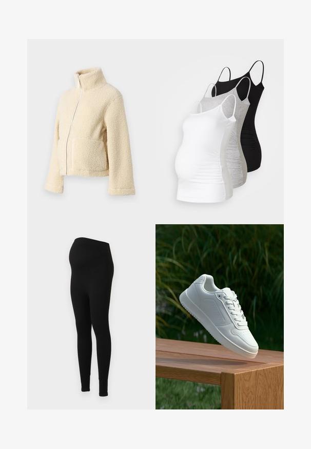 Cream fleece jacket with a high collar, front zipper, and two patch pockets. Features a soft, textured surface and wide sleeves.; Three maternity tank tops in white, gray, and black. Stretchy fabric with adjustable spaghetti straps and gathered side seams for comfort.; Black maternity leggings with a smooth, stretchy texture and high waistband, designed for comfort and support during pregnancy.; White sneaker with a smooth synthetic upper, perforated toe box, flat laces, and a textured sole, displayed on a wooden surface.