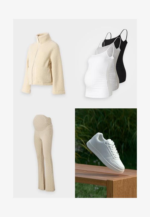 Krēms krāsas vilnas jaka ar augstu apkakli, priekšējo rāvējslēdzēju un divām kabatām. Tai ir mīksta, tekstūra virsma un plašas piedurknes.; Trīs grūtniecības tērpi bez piedurknēm baltā, pelēkā un melnā krāsā. Elastīgs audums ar regulējamiem tievajiem plecu siksniņām un savilktām sānu šuvēm komfortam.; Bejīgas grūtniecības bikses ar flared piegriezumu un teksturētu dimanta rakstu, ar augstu elastīgu jostu vēdera atbalstam. Gluds auduma apdare.; Baltie sporta apavi ar gludu sintētisku augšpusi, perforētu pirkstu daļu, plakani šņorēm un rakstainu zoli, novietoti uz koka virsmas.