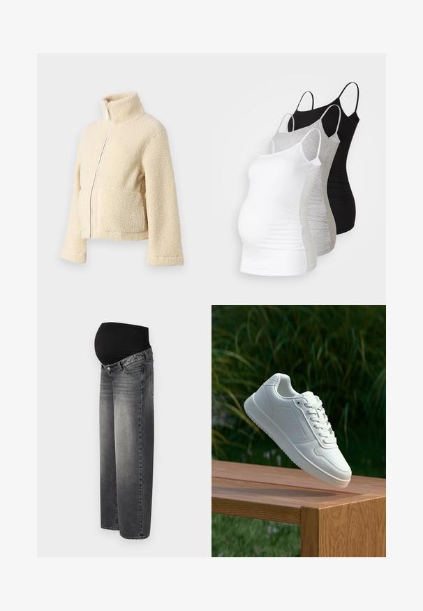 Kremo spalvos pūkinė striukė su aukštu apykakle, priekyje užtrauktuku ir dviem kišenėmis. Yra minkštas, tekstūruotas paviršius ir plačios rankovės.; Trys nėštumo marškiniai be rankovių – balti, pilki ir juodi. Tampri medžiaga su reguliuojamomis petnešėlėmis ir susiraukšlėjusiomis šoninėmis siūlėmis, užtikrinančiomis komfortą.; Nėštumo džinsai iš išblukusio juodo džinsinio audinio, turintys tamprų juodą diržą palaikymui. Plati kelnių forma su standartinėmis priekinėmis kišenėmis.; Balti sneakeriai su lygia sintetine viršutine dalimi, perforuota pirštų zona, plokščiomis raištelėmis ir tekstūruotu padu, padėti ant medinės paviršiaus.