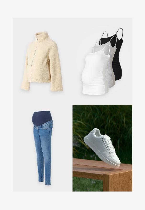 Chaqueta de forro polar crema con cuello alto, cremallera frontal y dos bolsillos de parche. Presenta una superficie suave y texturizada y mangas anchas.; Tres camisetas de maternidad sin mangas en blanco, gris y negro. Fabricadas con tejido elástico, tienen tirantes ajustables y costuras laterales fruncidas para mayor comodidad.; Jeans de maternidad con una cinturilla elástica azul y piernas ajustadas, hechos de denim azul claro con un ligero desgastado y bolsillos traseros estándar.; Zapatilla blanca con un upper sintético suave, caja de dedos perforada, cordones planos y una suela texturizada, exhibida sobre una superficie de madera.