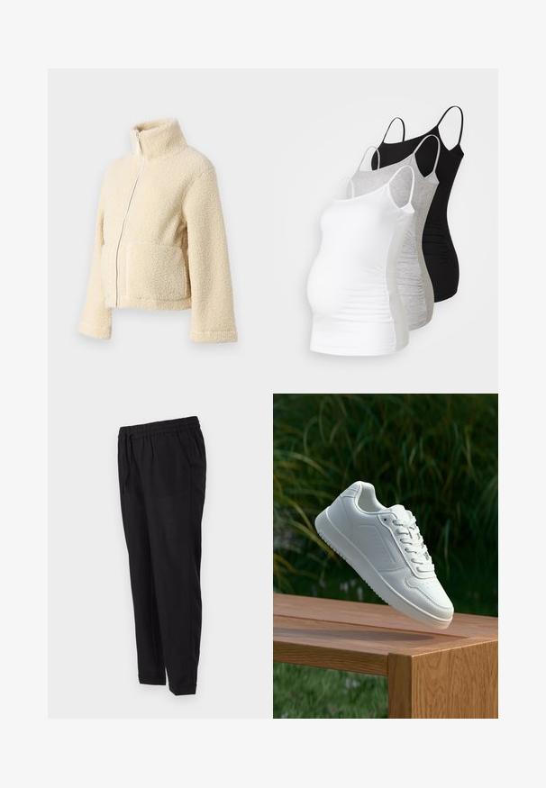 Krēms krāsas vilnas jaka ar augstu apkakli, priekšējo rāvējslēdzēju un divām kabatām. Tai ir mīksta, tekstūra virsma un plašas piedurknes.; Trīs grūtniecības tērpi bez piedurknēm baltā, pelēkā un melnā krāsā. Elastīgs audums ar regulējamiem tievajiem plecu siksniņām un savilktām sānu šuvēm komfortam.; Melni bikses ar elastīgu jostu, sānu kabatām, sašaurinātiem piedurkņu galiem un rullētiem apkaklēm. Izgatavotas no gludas, vieglas auduma.; Baltie sporta apavi ar gludu sintētisku augšpusi, perforētu pirkstu daļu, plakani šņorēm un rakstainu zoli, novietoti uz koka virsmas.