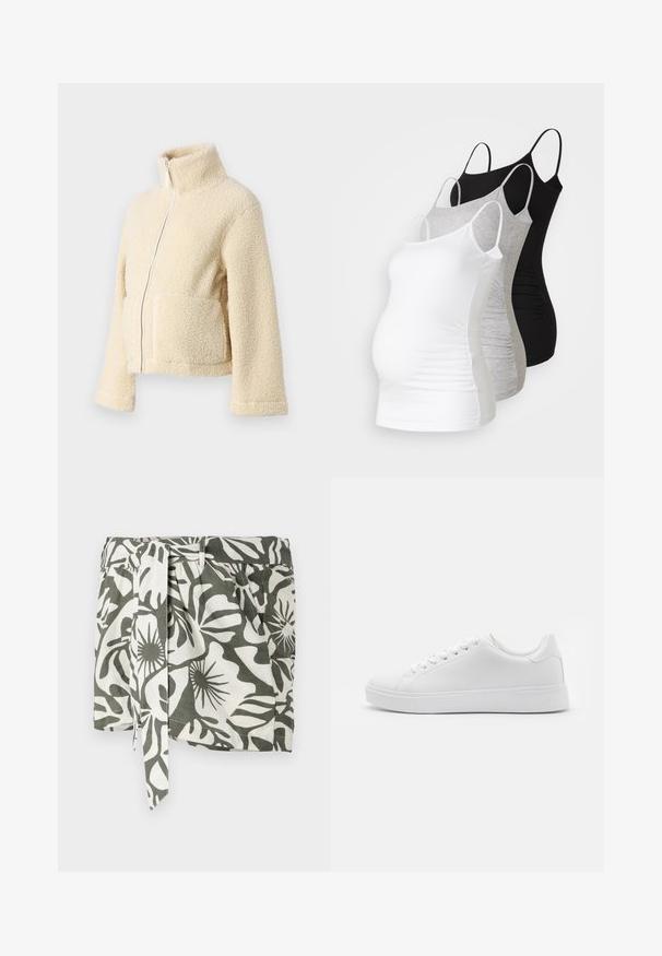 Chaqueta de forro polar crema con cuello alto, cremallera frontal y dos bolsillos de parche. Presenta una superficie suave y texturizada y mangas anchas.; Tres camisetas de maternidad sin mangas en blanco, gris y negro. Fabricadas con tejido elástico, tienen tirantes ajustables y costuras laterales fruncidas para mayor comodidad.; Falda envolvente con estampado floral en verde y blanco, con un cinturón atado, hecha de tejido ligero, que presenta un corte relajado y pliegues laterales.; Zapatillas blancas con parte superior sintética suave, puntera redondeada, seis ojales para los cordones y suela de goma de perfil bajo con detalles texturizados.