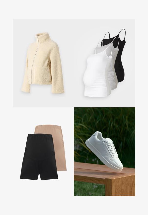 Krēms krāsas vilnas jaka ar augstu apkakli, priekšējo rāvējslēdzēju un divām kabatām. Tai ir mīksta, tekstūra virsma un plašas piedurknes.; Trīs grūtniecības tērpi bez piedurknēm baltā, pelēkā un melnā krāsā. Elastīgs audums ar regulējamiem tievajiem plecu siksniņām un savilktām sānu šuvēm komfortam.; Divas divāni stiepļu šortus: viens melns un viens kailkrāsas. Abiem ir plata elastīga jostasvieta un gluda, mīksta tekstūra.; Baltie sporta apavi ar gludu sintētisku augšpusi, perforētu pirkstu daļu, plakani šņorēm un rakstainu zoli, novietoti uz koka virsmas.