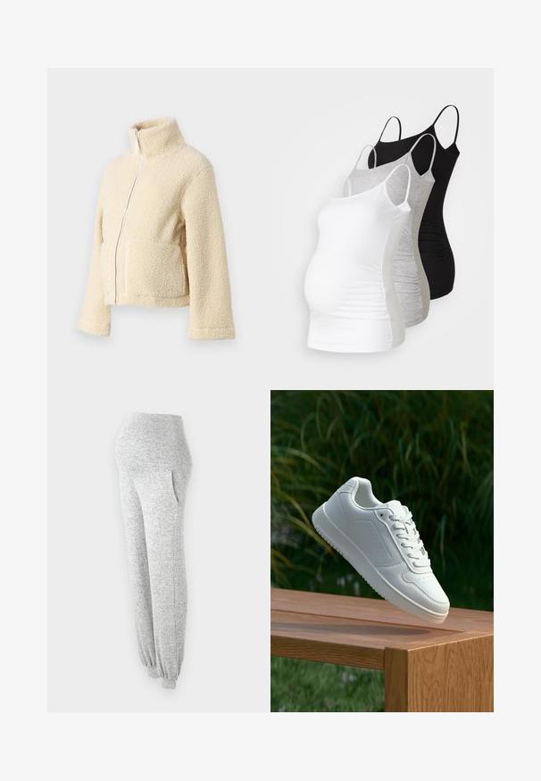 Krämfärgad fleecjacka med hög krage, framdragkedja och två fällfickor. Har en mjuk, texturerad yta och vida ärmar.; Tre amningstoppar i vitt, grått och svart. Stretchigt tyg med justerbara spaghettiband och veckade sidseams för komfort.; Grå, strukturerade träningsoverallsbyxor med hög midja, sidofickor och elastiska muddar vid anklarna. Slät tyg med en melerad mönster.; Vita sneakers med en slät syntetisk ovandel, perforerat tåparti, platta snören och en strukturerad sula, placerade på en träyta.