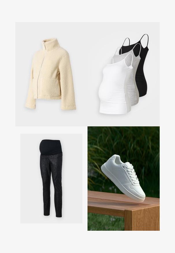 Krēms krāsas vilnas jaka ar augstu apkakli, priekšējo rāvējslēdzēju un divām kabatām. Tai ir mīksta, tekstūra virsma un plašas piedurknes.; Trīs grūtniecības tērpi bez piedurknēm baltā, pelēkā un melnā krāsā. Elastīgs audums ar regulējamiem tievajiem plecu siksniņām un savilktām sānu šuvēm komfortam.; Maternitātes legingi melnā krāsā ar elastīgu, teksturētu jostasvietu. Galvenais audums piedāvā smalku melnu leopardu rakstu. Šaura piegriezuma dizains.; Baltie sporta apavi ar gludu sintētisku augšpusi, perforētu pirkstu daļu, plakani šņorēm un rakstainu zoli, novietoti uz koka virsmas.