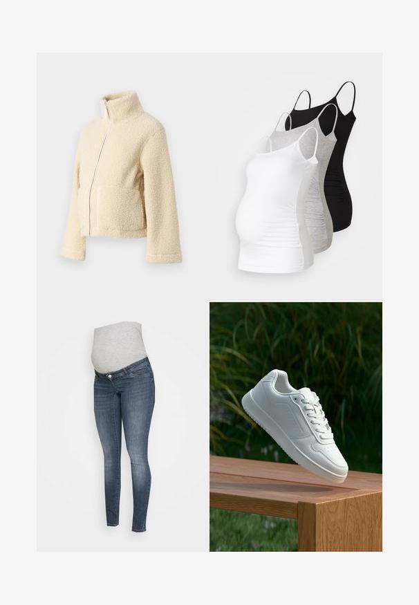 Kremasti flis jakna s visokim ovratnikom, prednjim patentnim zatvaračem i dva džepa s preklopom. Ima mekan, teksturiran površinu i široke rukave.; Tri majice za trudnice bez rukava u bijeloj, sivoj i crnoj boji. Elastični materijal s podesivim trakama i naboranim bočnim šavovima za udobnost.; Trudne skinny traperice za trudnice u tamnoplavom denimu, s mekanim sivoj jersey panelom za udobnost, klasičnim dizajnom s pet džepova i laganim izblijedjenjem.; Bijela tenisica sa glatkim sintetičkim gornjim dijelom, perforiranim prednjim dijelom, ravnim vezicama i teksturiranom potplatom, prikazana na drvenoj površini.