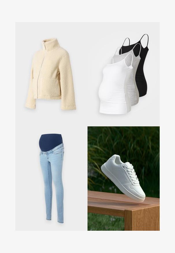 Kreemi fleesjakke, millel on kõrge krae, esipesu ja kaks lapitaskut. Omab pehmet, tekstuurset pinda ja laiu varrukasid.; Kolme äitiystoppia valkoisena, harmaana ja mustana. Venytettävä kangas, säädettävät olkaimet ja rypytetyt sivusaumat mukavuutta varten.; Äitiysfarkut vaaleansinisestä denimistä, jossa joustava tummansininen vyötärö. Muotoiltu lahkeensuusuunnittelu, jossa on kaksi etutaskua ja huomaamatonta ommeltua yksityiskohtaa.; Valkoiset tennarit, joissa on sileä synteettinen päällinen, rei'itetty varvasosa, litteät nauhat ja teksturoitu pohja, esillä puupinnalla.