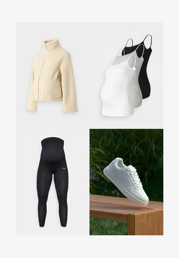 Krém színű plüss dzseki magas gallérral, elülső cipzárral és két folt zsebbel. Puha, textúrált felülettel és széles ujjakkal rendelkezik.; Három kismama tank top fehér, szürke és fekete színben. Rugalmas anyag, állítható pántokkal és beszegett oldals seams, hogy kényelmes viseletet biztosítson.; Fekete kismama leggings magas, támogató derékrésszel. Rugalmas anyagból készült, sima, egyenletes felülettel és logóval a lábszáron.; Fehér sportcipő sima szintetikus felsőrésszel, perforált lábujjrész, lapos fűzőkkel és texturált talppal, fából készült felületen kihelyezve.