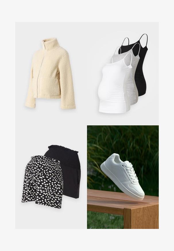 Kremo spalvos pūkinė striukė su aukštu apykakle, priekyje užtrauktuku ir dviem kišenėmis. Yra minkštas, tekstūruotas paviršius ir plačios rankovės.; Trys nėštumo marškiniai be rankovių – balti, pilki ir juodi. Tampri medžiaga su reguliuojamomis petnešėlėmis ir susiraukšlėjusiomis šoninėmis siūlėmis, užtikrinančiomis komfortą.; Juodi gėlių šortai su balto ramunėlių raštu, turintys raukšlėtą juosmenį; vidiniai šortai yra vienspalviai juodi su lygiu paviršiumi.; Balti sneakeriai su lygia sintetine viršutine dalimi, perforuota pirštų zona, plokščiomis raištelėmis ir tekstūruotu padu, padėti ant medinės paviršiaus.