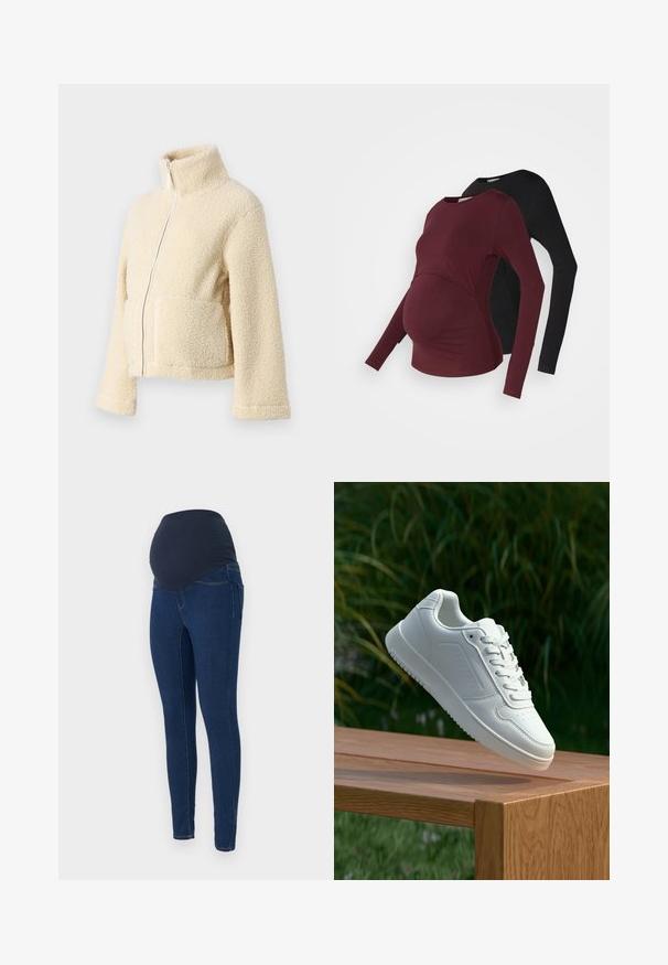 Krémová flísová bunda s vysokým golierom, predným zipsom a dvoma náprsními vreckami. Má mäkký, štruktúrovaný povrch a široké rukávy.; Tehotenské tričká s dlhým rukávom v burgundskej a čiernej farbe. Mäkko tkanina s krivým predným dizajnom pre pružnosť. Okrúhle výstrihy a úzke rukávy.; Tehotenské džínsy v tmavomodrom denime, s elastickým tmavým pásom a slim-fit dizajnom s vreckami.; Biele tenisky s hladkým syntetickým zvrškom, perforovanou špičkou, plochými šnúrkami a textúrovanou podrážkou, vystavené na drevenej ploche.