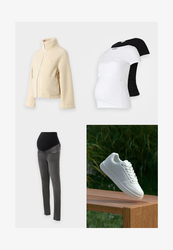 Kremasti flis jakna s visokim ovratnikom, prednjim patentnim zatvaračem i dva džepa s preklopom. Ima mekan, teksturiran površinu i široke rukave.; Crno-bijeli majice za trudnice, kratki rukavi, mekani pamučni materijal, s višeslojnim dizajnom koji ima naborani dio za rastući trbuh.; Trudnički traperice s crnim rastezljivim pojasom, sivo platno, uski kroj i džepovi. Karakterizira ih glatka tekstura i čiste linije.; Bijela tenisica sa glatkim sintetičkim gornjim dijelom, perforiranim prednjim dijelom, ravnim vezicama i teksturiranom potplatom, prikazana na drvenoj površini.