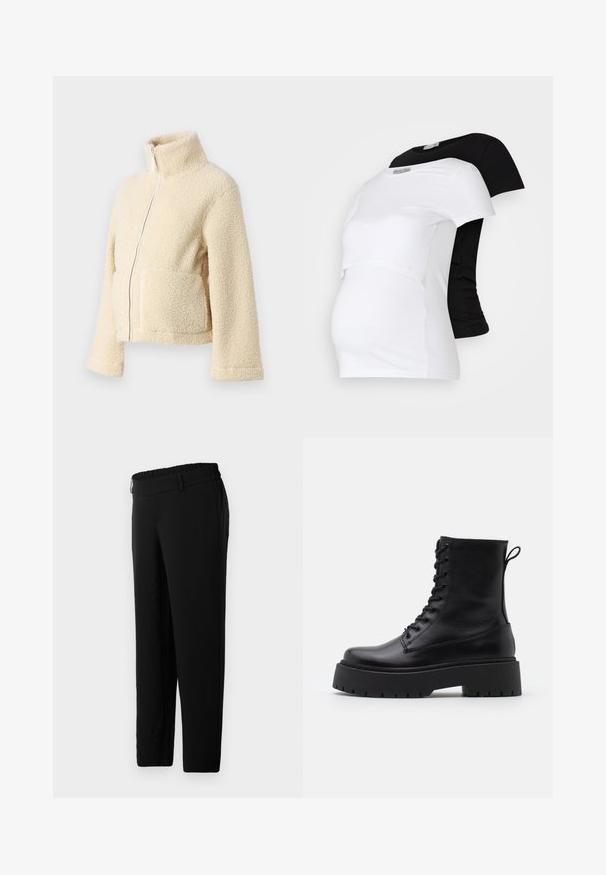 Crème fleece jacket met een hoge kraag, een rits aan de voorkant en twee grote zakken. Heeft een zachte, gestructureerde oppervlakte en brede mouwen.; Zwart-witte zwangerschaps T-shirts, korte mouwen, gemaakt van zacht katoen, met een gelaagd ontwerp en een geraffineerd gedeelte voor een groeiende buik.; Zwarte broek van een gladde, elastische stof. Voorzien van een elastische tailleband en zijzakken. Rechte pijpen voor een relaxte pasvorm.; Zwarte leren enkelboots met een ronde neus, vetersluiting aan de voorkant en een dikke rubberen zool met een gestructureerd profiel. Trekbandje aan de achterkant.