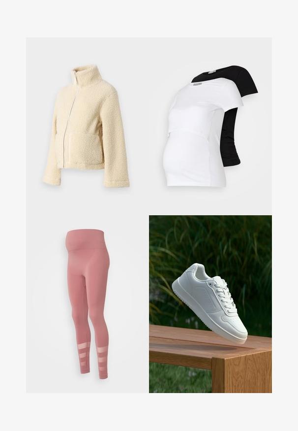 Veste en polaire crème avec un col haut, fermeture éclair frontale et deux poches à rabat. Présente une surface douce et texturée ainsi que des manches larges.; T-shirts de maternité noir et blanc, à manches courtes, en matériau en coton doux, présentant un design superposé avec une section froncée pour un ventre qui s'arrondit.; Leggings roses avec une taille haute sans couture, présentant un détail en coupure rayée translucide au niveau des jambes inférieures. Fabriqués dans un tissu extensible et lisse.; Sneakers blanches avec une tige synthétique lisse, un avant perforé, des lacets plats et une semelle texturée, présentées sur une surface en bois.