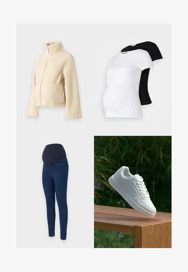 Jaqueta de fleece creme com gola alta, fecho frontal e dois bolsos de patch. Apresenta uma superfície suave e texturada e mangas largas.; T-shirts de maternidade em preto e branco, de mangas curtas, em material de algodão suave, com um design em camadas e uma seção franzida para a barriga em crescimento.; Jeans de maternidade em denim azul escuro, com uma cintura elástica escura e um design slim-fit com bolsos.; Sapatilha branca com um cabedal sintético liso, caixa dos dedos perfurada, atacadores planos e uma sola texturizada, exposta sobre uma superfície de madeira.