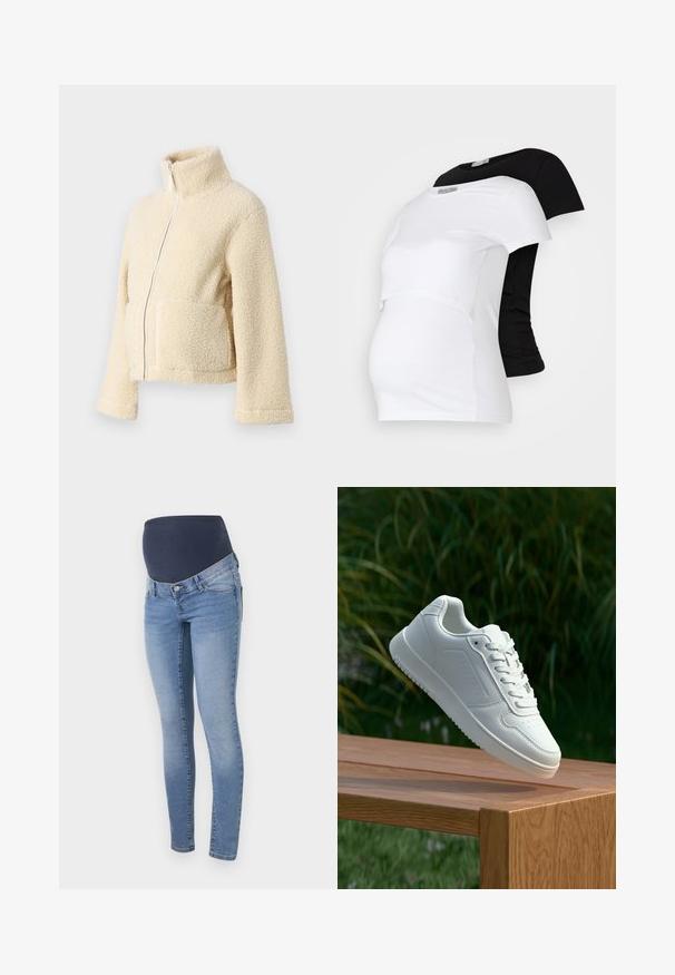 Krema flis jakna z visokim ovratnikom, sprednjim zadrgo in dvema večjima žepoma. Ima mehak, teksturiran površin in široke rokave.; Črne in bele majice za nosečnice, kratki rokavi, mehka bombažna tkanina, s slojevitim dizajnom in zatezanim delom za rastoči trebuh.; Nosečniške kavbojke v svetlo modrem denim materialu z raztegnjeno črno elastiko v pasu, z ožjim krojem in klasičnim 5-žepnim stilom.; Bela teniska s gladkim sintetičnim zgornjim delom, perforiranim prednjim delom, ravnimi vezalkami in teksturiranim podplatom, prikazana na leseni površini.