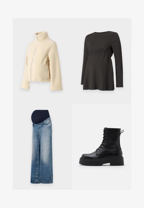Kremfarget fleecejakke med høy krage, glidelås foran og to klaffelommer. Har en myk, teksturert overflate og vide ermer.; Svart langermet gravidegenser med samlet midje og lett vide under brystet, laget av teksturert stoff.; Denim graviditetsjeans med vide ben, lys blå vask og en elastisk mørk blå midjebånd. Har en klassisk fem-lomme-design.; Sorte skinn ankelstøvler med rund tå, snøring foran og tykk gummisåle med teksturert mønster. Håndtak bak.