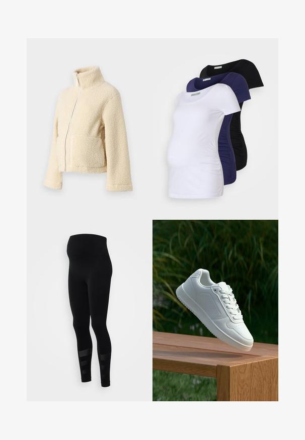 Cremefarbene Fleecejacke mit hohem Kragen, frontalem Reißverschluss und zwei aufgesetzten Taschen. Sie zeichnet sich durch eine weiche, strukturierte Oberfläche und weite Ärmel aus.; Schwangerschafts-T-Shirts in drei Farben: Weiß, Marine und Schwarz. Weiche Baumwolle, Kurzarm-Design mit gerafften Seiten für Komfort und Passform.; Schwarze Leggings mit hohem Bund, aus dehnbarem Material. Mit horizontalen Streifen am Wadenbereich für zusätzliche Designmerkmale.; Weiße Sneaker mit einem glatten, synthetischen Obermaterial, perforierter Zehenbox, flachen Schnürsenkeln und einer strukturierten Sohle, präsentiert auf einer Holzoberfläche.