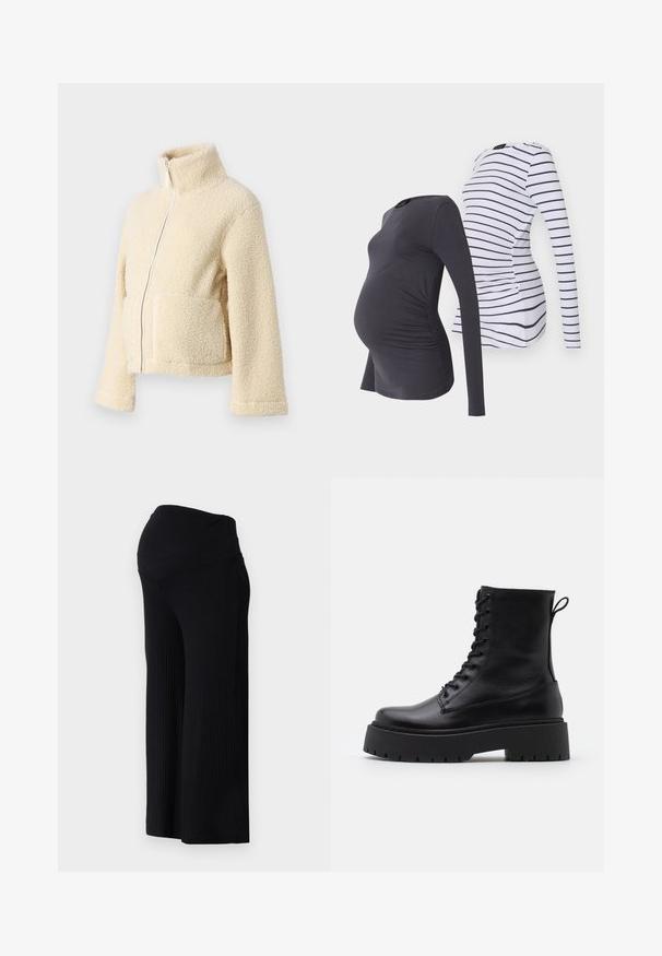Jaqueta de fleece creme com gola alta, fecho frontal e dois bolsos de patch. Apresenta uma superfície suave e texturada e mangas largas.; Duas blusas de maternidade de manga longa: uma em cinza escuro sólido com laterais franzidas, e outra branca com listras horizontais azuis-marinho. Tecido macio e elástico.; Calças largas com nervuras pretas e uma cintura alta. O tecido é suave e elástico, proporcionando um ajuste descontraído ao longo das pernas.; Botas de couro pretas até ao tornozelo, com bico redondo, atacador na frente e uma sola de borracha espessa com um padrão texturizado. Alça na parte de trás.