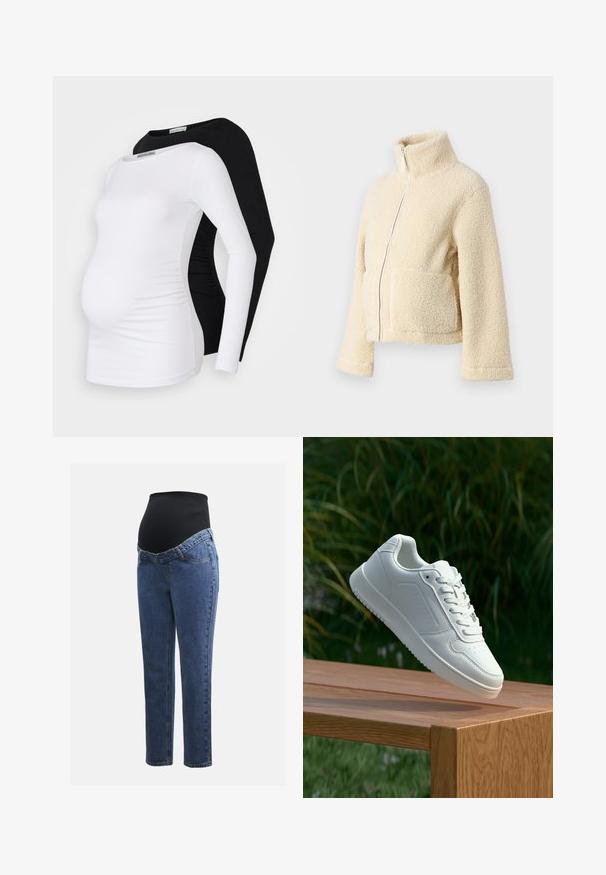 Krém színű plüss dzseki magas gallérral, elülső cipzárral és két folt zsebbel. Puha, textúrált felülettel és széles ujjakkal rendelkezik.; Két hosszú ujjú kismama felső, egy fehér és egy fekete, puha anyagból készült, testhezálló fazonnal és redőzéssel az oldalakon.; Kismamaruhák kék farmer lábakkal és fekete rugalmas haspanellel, amely a növekvő pocakot támogatja és fedi.; Fehér sportcipő sima szintetikus felsőrésszel, perforált lábujjrész, lapos fűzőkkel és texturált talppal, fából készült felületen kihelyezve.