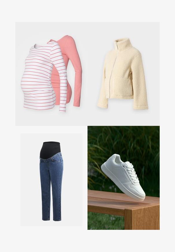Jaqueta de fleece creme com gola alta, fecho frontal e dois bolsos de patch. Apresenta uma superfície suave e texturada e mangas largas.; Tops de maternidade de manga longa, um listado branco com rosa e outro rosa sólido, apresentando tecido suave, bainhas arredondadas e silhuetas ajustadas.; Jeans de maternidade com pernas em denim azul e um painel abdominal preto elástico projetado para suportar e cobrir uma barriga em crescimento.; Sapatilha branca com um cabedal sintético liso, caixa dos dedos perfurada, atacadores planos e uma sola texturizada, exposta sobre uma superfície de madeira.