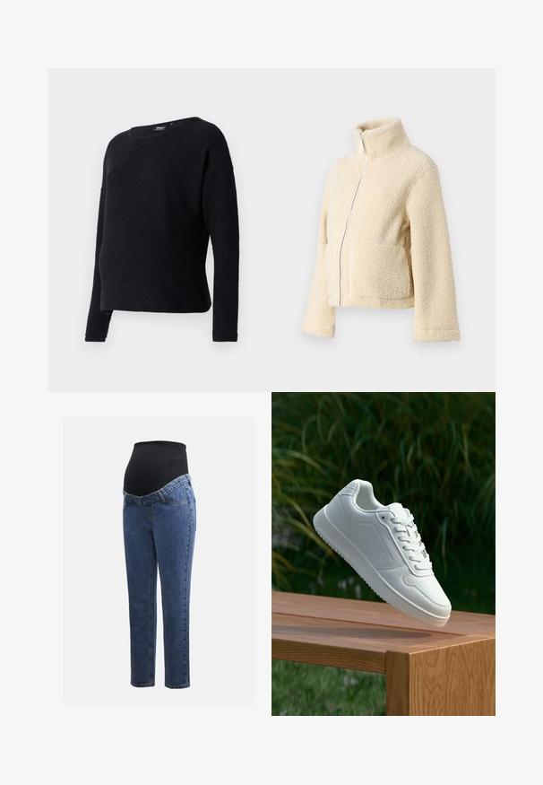 Krém színű plüss dzseki magas gallérral, elülső cipzárral és két folt zsebbel. Puha, textúrált felülettel és széles ujjakkal rendelkezik.; Fekete, hosszú ujjú pulóver gyémánt mintázattal, kerek nyakkivágással és laza fazonnal. Az anyag puhanak tűnik, kissé texturált.; Kismamaruhák kék farmer lábakkal és fekete rugalmas haspanellel, amely a növekvő pocakot támogatja és fedi.; Fehér sportcipő sima szintetikus felsőrésszel, perforált lábujjrész, lapos fűzőkkel és texturált talppal, fából készült felületen kihelyezve.