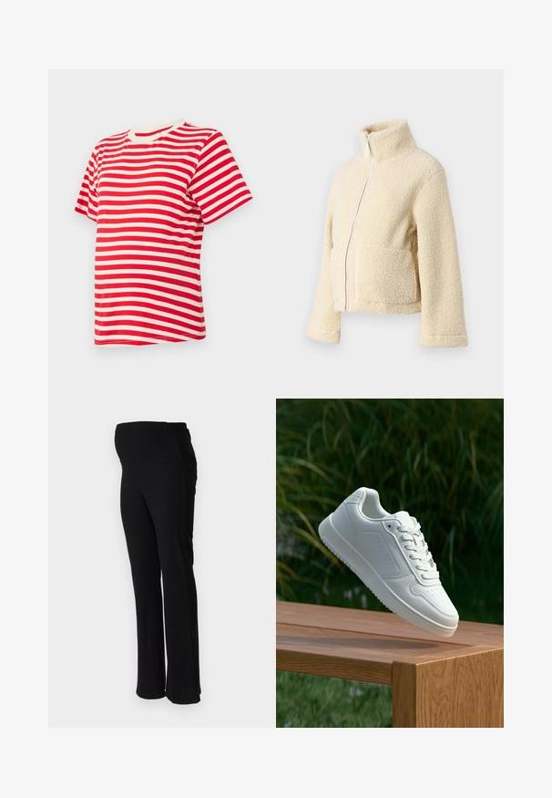 Jachetă din fleece crem, cu guler înalt, fermoar frontal și două buzunare aplicate. Are o suprafață moale și texturată și mâneci largi.; T-shirt cu dungi roșii și albe, cu mânecă scurtă, realizat din bumbac moale. Dispune de un guler rotund și o croială lejeră.; ONLY MATERNITY OLMHALLE - Pantaloni - black; Sneaker alb cu un upper sintetic neted, cu vârf perforat, șireturi plate și o talpă texturată, expus pe o suprafață de lemn.
