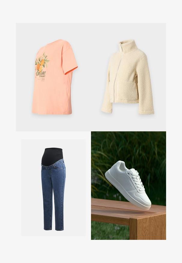 Creme fleecejakke med høj krave, frontlynlås og to påsyede lommer. Har en blød, struktureret overflade og brede ærmer.; Ferskenfarvet bomulds t-shirt med korte ærmer, rund halsudskæring og et grafisk print af appelsiner med teksten "HVER DAG STARTER."; Graviditetsjeans med ben i blå denim og en sort strækbare abdominalpanel designet til at støtte og dække en voksende mave.; Hvid sneaker med en glat syntetisk overdel, perforeret tåboks, flade snørebånd og en tekstureret sål, præsenteret på en træoverflade.