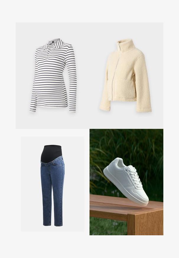 Krema flis jakna z visokim ovratnikom, sprednjim zadrgo in dvema večjima žepoma. Ima mehak, teksturiran površin in široke rokave.; Matična polo majica s dolgimi rokavi, ki se ponaša z belimi in mornarsko modrimi vodoravnimi črtami, rebrasto teksturo ter ovratnikom s pol gumbi.; Maternitetaške hlače z modrimi denim hlačnicami in črnim raztegljivim trebušnim panelom, zasnovane za podporo in pokrivanje rastočega trebuha.; Bela teniska s gladkim sintetičnim zgornjim delom, perforiranim prednjim delom, ravnimi vezalkami in teksturiranim podplatom, prikazana na leseni površini.