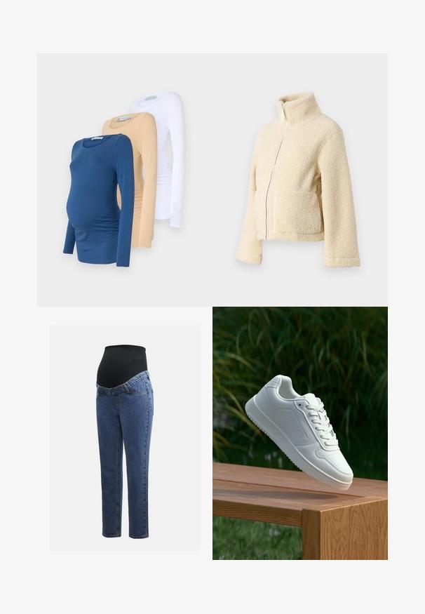 Krēms krāsas vilnas jaka ar augstu apkakli, priekšējo rāvējslēdzēju un divām kabatām. Tai ir mīksta, tekstūra virsma un plašas piedurknes.; Trīs garās piedurknes grūtniecības blūzes zilā, bēšā un baltā krāsā. Izgatavotas no mīksta auduma ar pieguļošu dizainu un sānu drapējumu ērtībai.; Māmiņu džinsi ar zilu denima kājām un melnu elastīgu vēdera paneli, kas izstrādāts, lai atbalstītu un nosegtu augošu vēderu.; Baltie sporta apavi ar gludu sintētisku augšpusi, perforētu pirkstu daļu, plakani šņorēm un rakstainu zoli, novietoti uz koka virsmas.