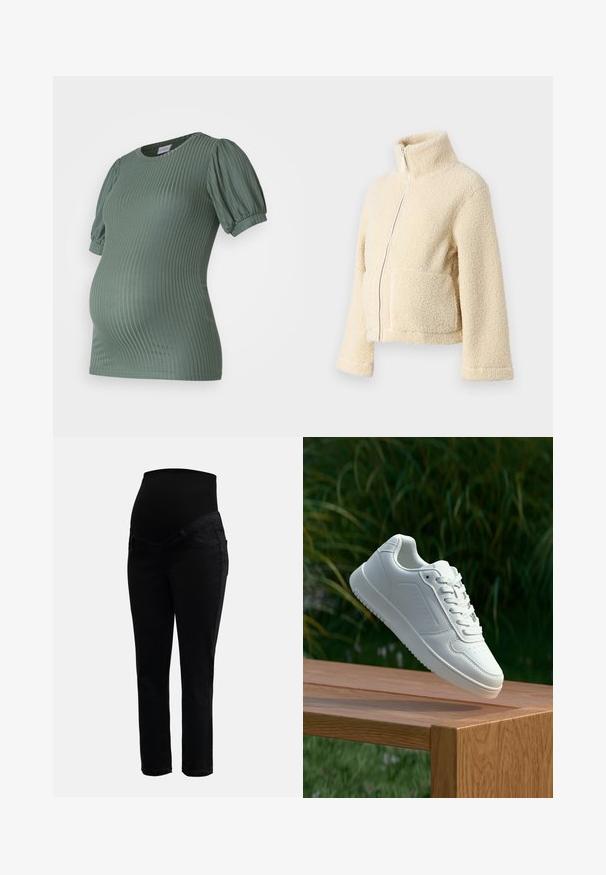 Cream fleece jacket with a high collar, front zipper, and two patch pockets. Features a soft, textured surface and wide sleeves.; MAMALICIOUS MLTRINITY - Basic T-shirt - laurel wreath; Black maternity jeans with stretchy high waistband and slim-fit legs, designed for comfort and support during pregnancy.; White sneaker with a smooth synthetic upper, perforated toe box, flat laces, and a textured sole, displayed on a wooden surface.