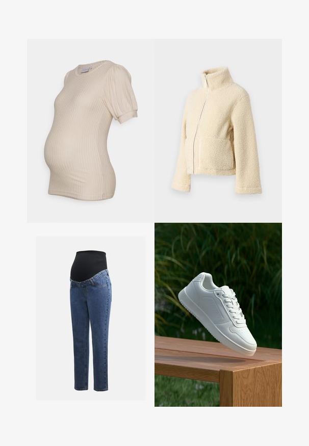 Krémová flísová bunda s vysokým golierom, predným zipsom a dvoma náprsními vreckami. Má mäkký, štruktúrovaný povrch a široké rukávy.; Béžový tehotenský top s ryhovanou textúrou, krátkymi puff rukávmi a okrúhlym výstrihom, navrhnutý tak, aby sa prispôsobil rastúcemu bruchu.; Tehotenské jeansy s modrými denimovými nohavicami a čiernym elastickým brušným panelom navrhnuté na podporu a pokrytie rastúceho brucha.; Biele tenisky s hladkým syntetickým zvrškom, perforovanou špičkou, plochými šnúrkami a textúrovanou podrážkou, vystavené na drevenej ploche.
