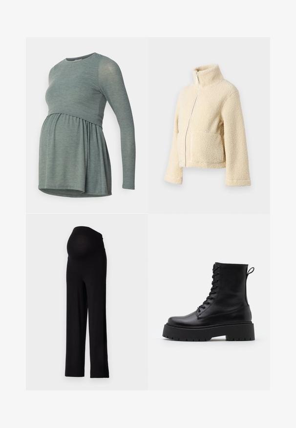 Krema flis jakna z visokim ovratnikom, sprednjim zadrgo in dvema večjima žepoma. Ima mehak, teksturiran površin in široke rokave.; MAMALICIOUS MLANABELLA JUNE - Majica z dolgimi rokavi - laurel wreath melange; Črne nosečniške hlače s raztegljivim, prilegajočim se pasom in širokimi nogami. Narejene iz mehkega materiala, nudijo udobje in podporo.; Črne usnjene gležnjarje z okroglo konico, vezalnim sprednjim delom in debelim gumijastim podplatom z teksturiranim profilom. Zanka na hrbtni strani.