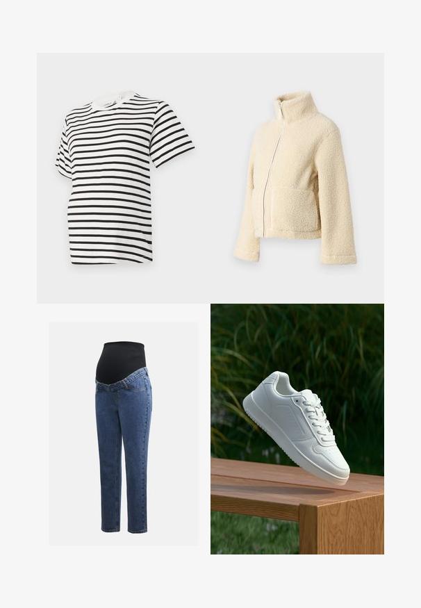 Chaqueta de forro polar crema con cuello alto, cremallera frontal y dos bolsillos de parche. Presenta una superficie suave y texturizada y mangas anchas.; Camiseta a rayas blancas y negras con mangas cortas, escote redondo, hecha de suave tejido de algodón. Presenta rayas horizontales iguales y un corte relajado.; Jeans de maternidad con piernas de denim azul y un panel abdominal elástico negro diseñado para soportar y cubrir una barriga en crecimiento.; Zapatilla blanca con un upper sintético suave, caja de dedos perforada, cordones planos y una suela texturizada, exhibida sobre una superficie de madera.