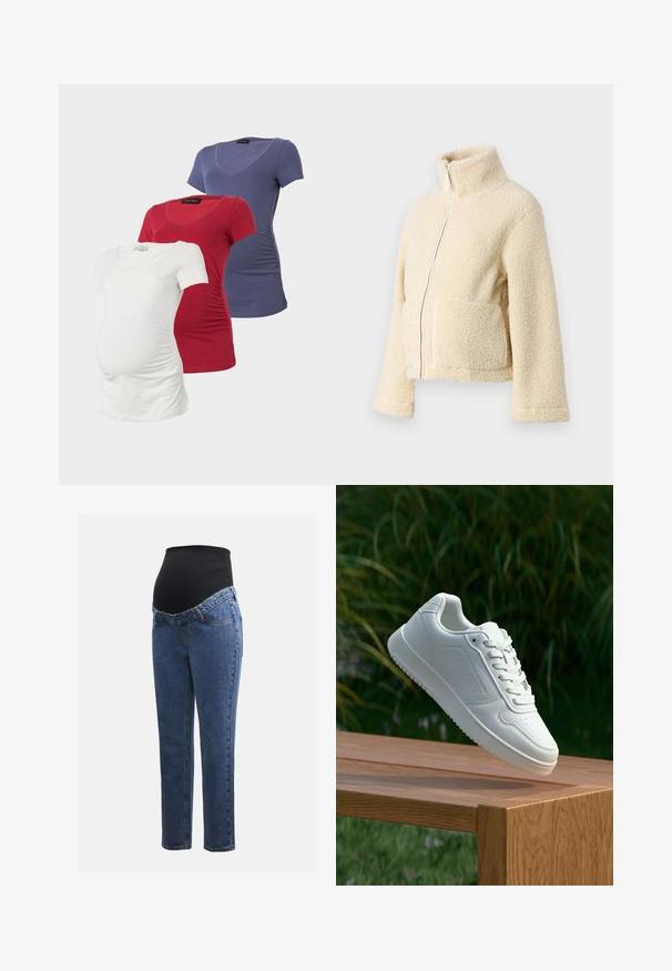 Kreemi fleesjakke, millel on kõrge krae, esipesu ja kaks lapitaskut. Omab pehmet, tekstuurset pinda ja laiu varrukasid.; Kolme äitiys t-paitaa valkoisena, punaisena ja tummansinisenä. Jokaisessa on V-pääntie, lyhyet hihat ja kerättyjen sivujen ansiosta venyvyyttä ja istuvuutta.; Äitiysfarkut, joissa on siniset denimlahkeet ja musta joustava vatsapaneeli, joka on suunniteltu tukemaan ja peittämään kasvavaa vatsaa.; Valkoiset tennarit, joissa on sileä synteettinen päällinen, rei'itetty varvasosa, litteät nauhat ja teksturoitu pohja, esillä puupinnalla.