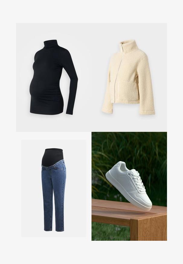 Jaqueta de fleece creme com gola alta, fecho frontal e dois bolsos de patch. Apresenta uma superfície suave e texturada e mangas largas.; Top de manga longa preto com gola alta em tecido elástico, projetado para acomodar uma barriguinha de grávida, com detalhe de franzido nas laterais.; Jeans de maternidade com pernas em denim azul e um painel abdominal preto elástico projetado para suportar e cobrir uma barriga em crescimento.; Sapatilha branca com um cabedal sintético liso, caixa dos dedos perfurada, atacadores planos e uma sola texturizada, exposta sobre uma superfície de madeira.