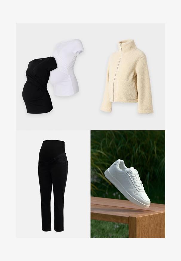 Creme fleecejakke med høj krave, frontlynlås og to påsyede lommer. Har en blød, struktureret overflade og brede ærmer.; To mødre t-shirts, en sort og en hvid, med crossover-design og korte ærmer med rynket detaljer på siden.; Sorte graviditetsjeans med strækbar høj talje og tætsiddende ben, designet til komfort og støtte under graviditeten.; Hvid sneaker med en glat syntetisk overdel, perforeret tåboks, flade snørebånd og en tekstureret sål, præsenteret på en træoverflade.