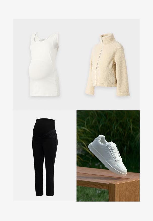 Kremfarget fleecejakke med høy krage, glidelås foran og to klaffelommer. Har en myk, teksturert overflate og vide ermer.; Hvit graviditetstopp med rund hals, uten ermer og en tettsittende passform som fremhever den runde magen. Myk stoffkvalitet.; Svarte graviditetsjeans med elastisk høy midje og smale ben, designet for komfort og støtte under graviditeten.; Hvite sneakers med en glatt syntetisk overdel, perforert tåboks, flate snørebånd og en teksturert såle, vist på en treflate.