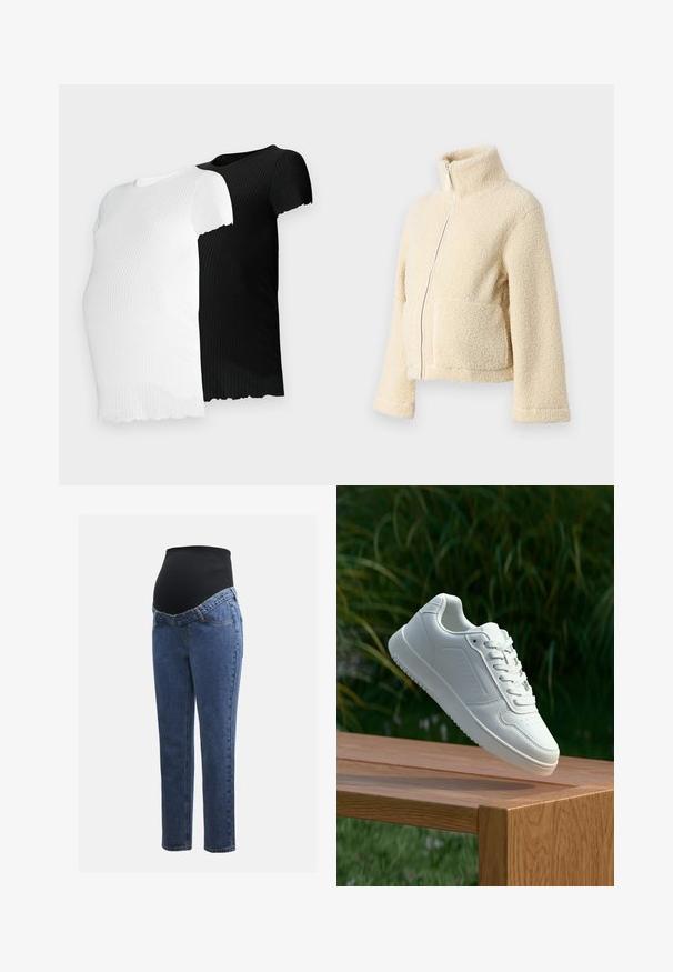 Krémová fleecová bunda s vysokým límcem, předním zipem a dvěma našitými kapsami. Vyznačuje se měkkým, texturovaným povrchem a širokými rukávy.; Dvě krátké rukávy pletené trička, jedno bílé a druhé černé, s vroubkovaným spodním lemem a přiléhavým střihem.; Těhotenské džíny s modrými denimovými nohavicemi a černým elastickým břišním panelem navrženým tak, aby podporoval a zakrýval rostoucí bříško.; Bílé tenisky s hladkým syntetickým svrškem, perforovanou špičkou, plochými tkaničkami a texturovanou podrážkou, vystavené na dřevěném povrchu.