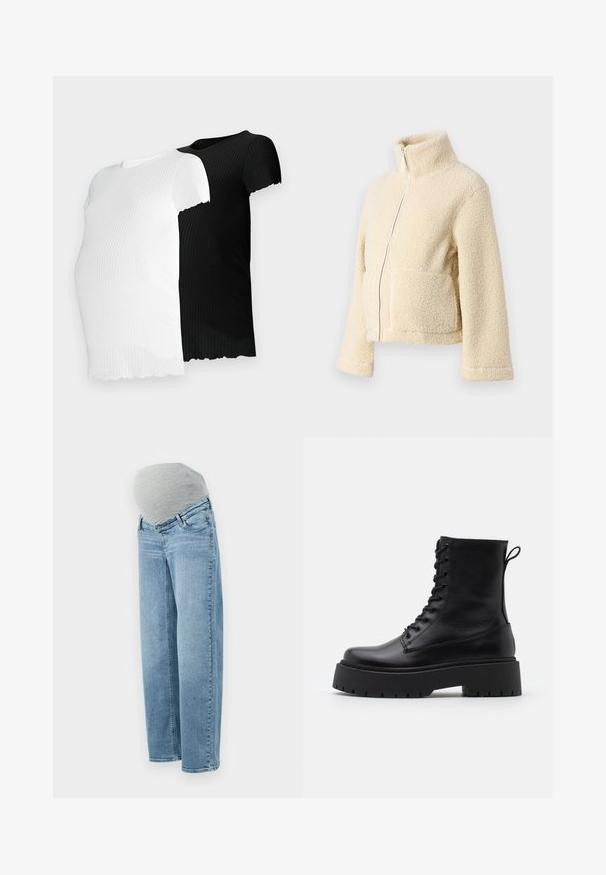 Kreemi fleesjakke, millel on kõrge krae, esipesu ja kaks lapitaskut. Omab pehmet, tekstuurset pinda ja laiu varrukasid.; Kaksi lyhythihaista ribbipaitaa, toinen valkoinen ja toinen musta, jossa on aaltoileva helma ja vartalonmyötäinen malli.; Äitiysfarkut vaaleansinisellä pesulla, rento istuvuus ja harmaa joustava vatsanyöri mukavuutta ja joustavuutta varten raskauden aikana.; Musta nahkainen nilkkureita, joissa on pyöreä kärki, nauhakiinnitys edessä ja paksu kumipohja, jossa on teksturoitu pinta. Takana vetotappi.