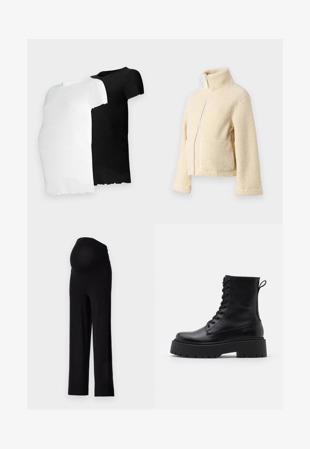 Jaqueta de fleece creme com gola alta, fecho frontal e dois bolsos de patch. Apresenta uma superfície suave e texturada e mangas largas.; Duas t-shirts de manga curta com textura em riscas, uma em branco e a outra em preto, apresentando uma bainha dentada e um design ajustado.; Calças de maternidade pretas com uma cintura elástica e ajustada e um design de perna larga. Feitas de um tecido macio, oferecendo conforto e suporte.; Botas de couro pretas até ao tornozelo, com bico redondo, atacador na frente e uma sola de borracha espessa com um padrão texturizado. Alça na parte de trás.